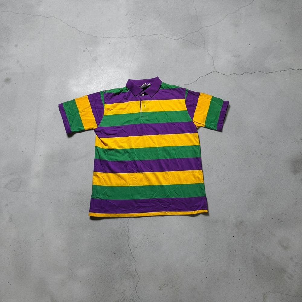 Accent Annex Mens XL Mardi Gras Striped Polo Shirt Purple Green Gold Made in USA